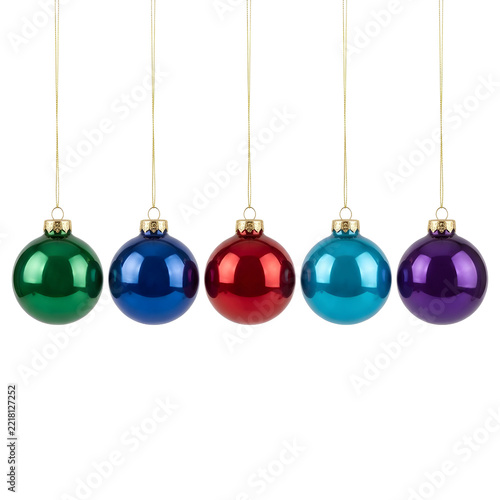 Five Festive Christmas Ornaments: A collection of five glossy, colorful Christmas ornaments, in shades of green, blue, red, teal, and purple, hang suspended by delicate gold strings.