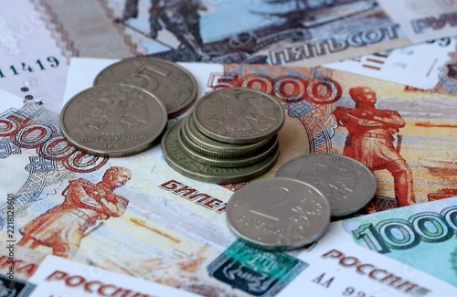 Obraz na plátně Russian rubles old money banknotes and coins on table