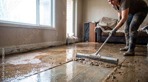 Person cleaning flood debris from a living room with a mop  