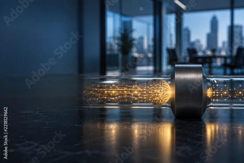 Glass data conduit with glowing golden particle stream constricted by charcoal metal choke on dark polished surface corporate technology bottleneck concept for enterprise efficiency and strategy