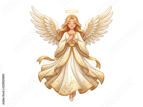 Christmas angel vector illustration featuring a beautiful celestial being with golden wings, a glowing halo, and flowing white and gold robes suitable for holiday season design projects