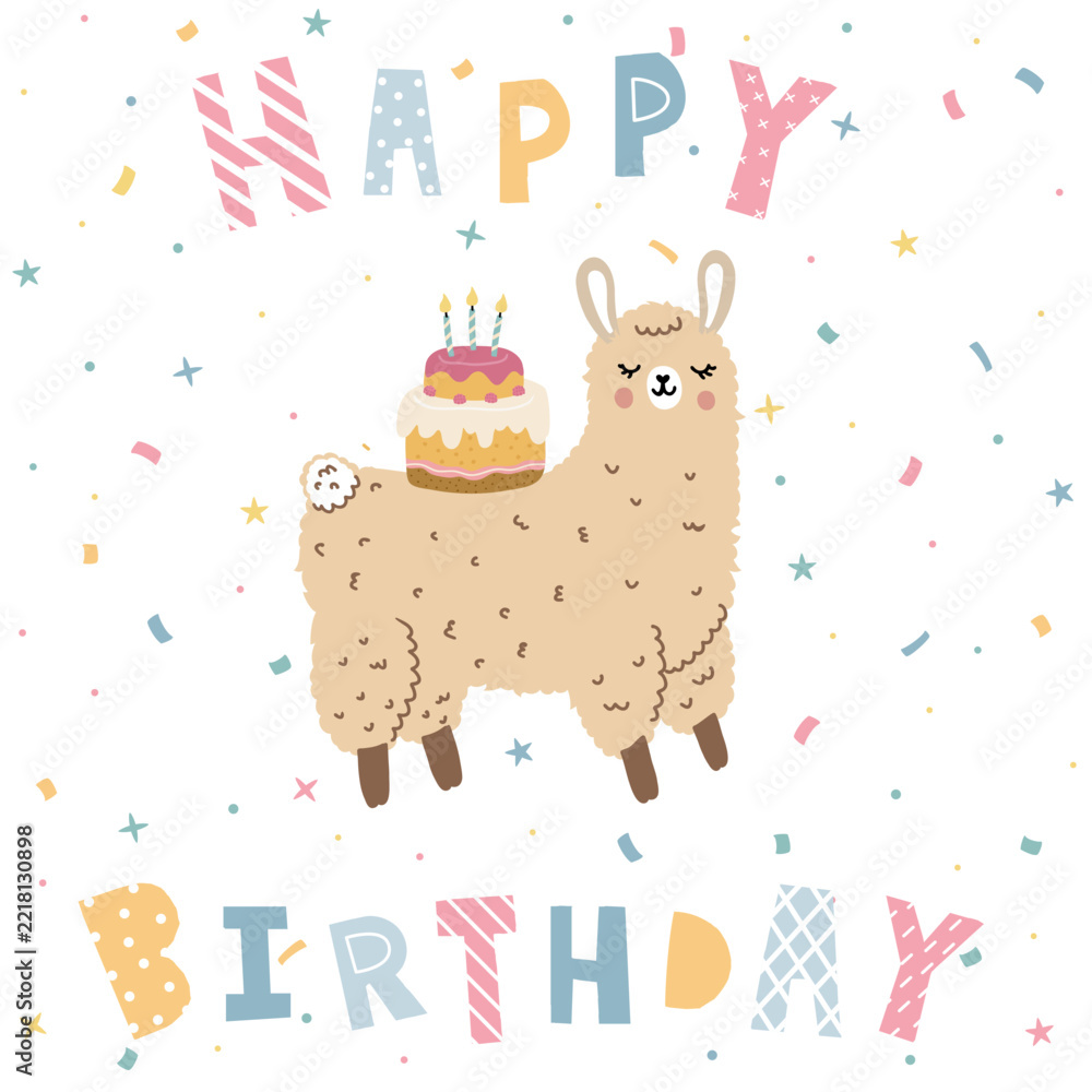 Fototapeta premium Capybara in a party hat, lettering happybirthday, greeting card, isolated on white background