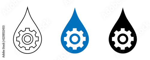 Gear drop gear icon set with blue and black settings symbols, vector graphic