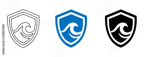 Water Wave Shield Logo, Ocean Protection and Marine Safety Vector Icon