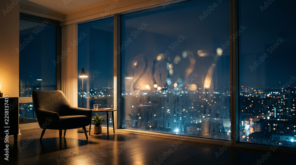Fototapeta premium Cozy interior with a city view and new year 2027 written on the window at night