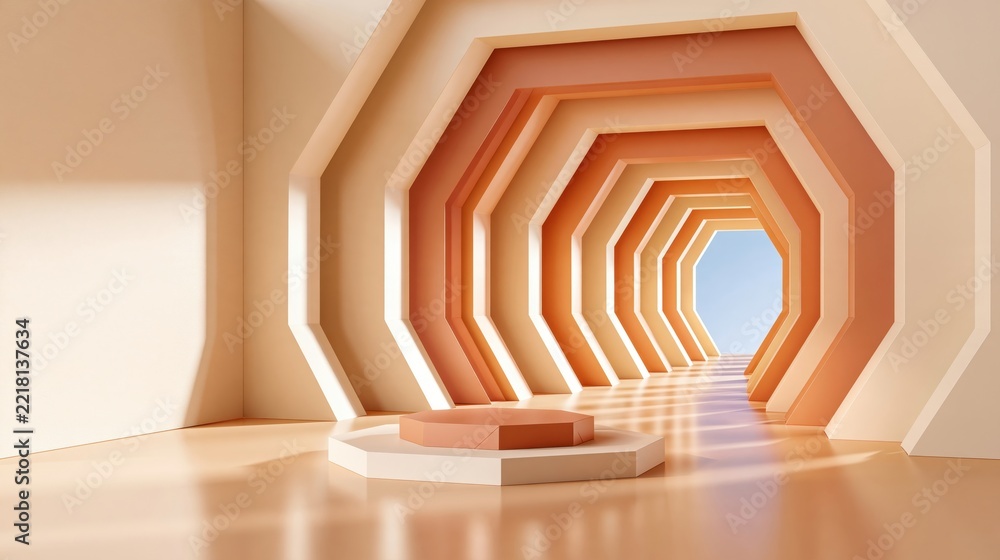 Fototapeta premium Hexagonal tunnel with layered orange and beige geometric shapes leading to blue sky, featuring central podium for product display