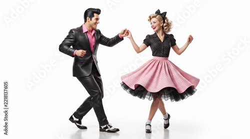 Retro Couple Dancing Rock and Roll in 1950s Style Clothing on White Background
