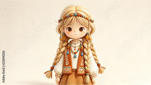 Cute cartoon girl with blonde braided hair wearing boho style clothing and beaded jewelry