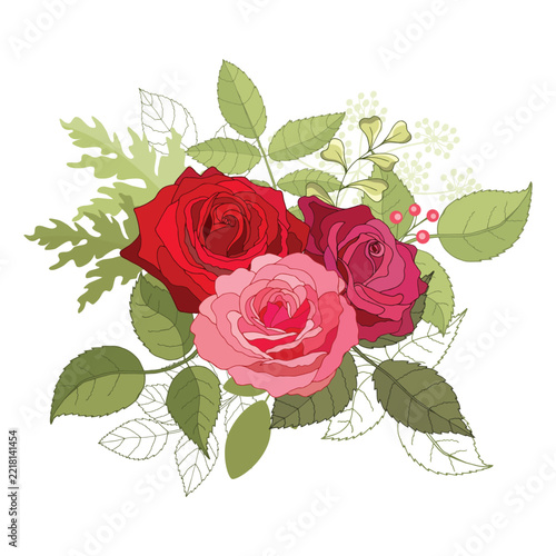 A graceful floral arrangement featuring red, pink, and mauve roses surrounded by lush green foliage and delicate accents.