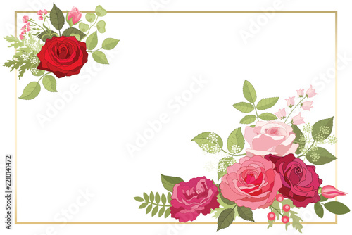 Elegant floral frame featuring vibrant roses in shades of pink, red, and magenta, complemented by green leaves, buds,
