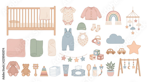 Baby nursery essentials vector set with wooden crib, clothes, toys, swaddles, and care products