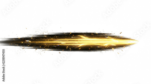 Golden bullet trajectory with motion blur and particles during high-speed impact isolated on transparent background