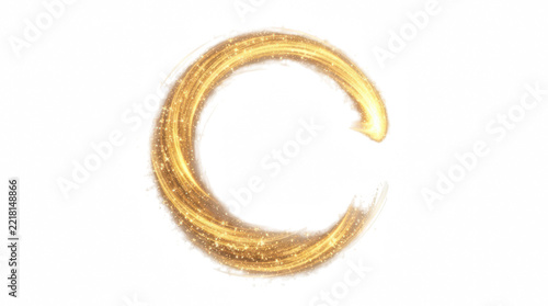 Golden glitter circle brush stroke with light trails during celebration isolated on transparent background