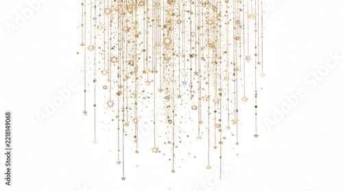 Golden glittering confetti falling on strings during celebration isolated on transparent background