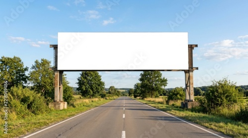Blank Billboard Arching Over Empty Highway in Rural Landscape