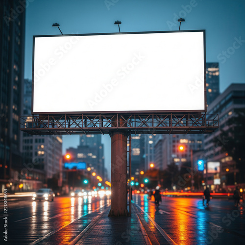 Blank Billboard Mockup in City Street at Night with Reflections