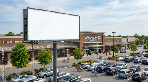 Blank billboard in front of a supermarket with a full parking lot and shoppers advertising space outdoor scene