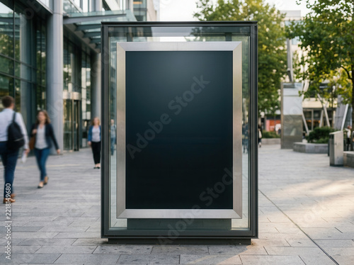 Blank Billboard Mockup in Modern City Street with People Walking By Outdoor Advertising Space