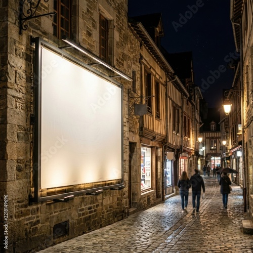 Blank billboard in historic European cobblestone street at night advertising mockup