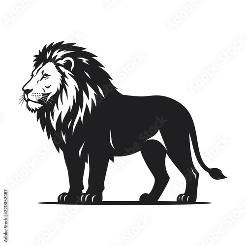 Silhouette of a male lion standing proudly with full mane, black and white animal graphic