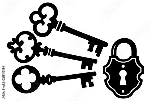 Antique Skeleton Keys and Ornate Lock Gothic Vintage Illustration