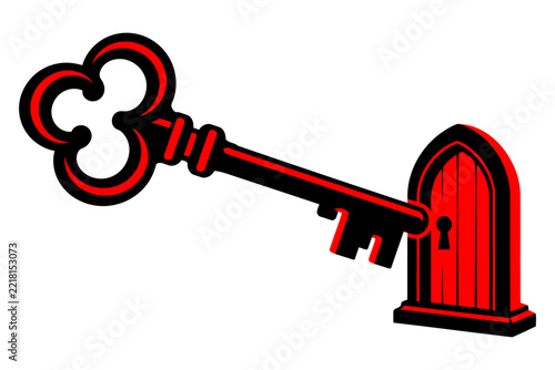 Antique Skeleton Key Unlocking Gothic Door Black Red Illustration