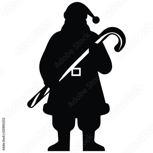 Santa claus silhouette with large candy cane for christmas holiday graphic design asset.