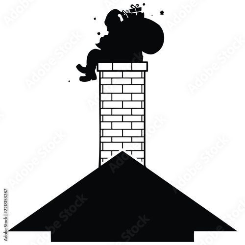 Santa claus sitting on a chimney with a sack of gifts on a snowy rooftop winter graphic.