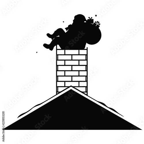 Santa claus sitting on a chimney with a sack of gifts on a snowy rooftop winter graphic.