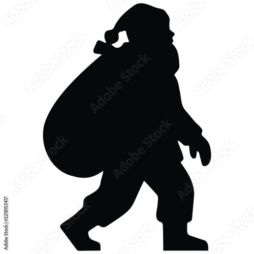 Walking santa claus carrying gift bag silhouette isolated on white background for flyers.