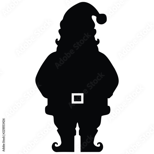 Standing santa claus with curly boots silhouette isolated on white background for stickers.