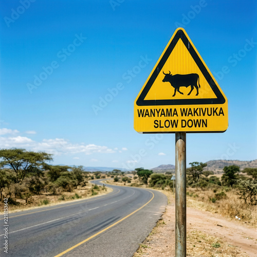 African Road Sign Warning of Cattle Crossing Slow Down Alert Rural Landscape Wildlife Safety