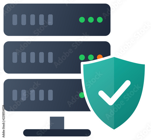 Server rack protected by green shield with check icon