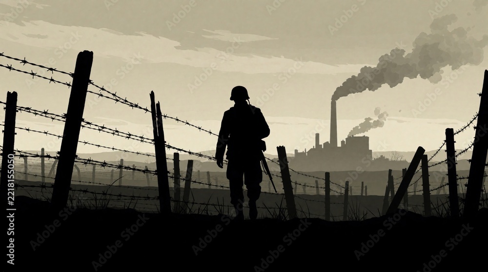 Fototapeta premium Soldier silhouette stands near barbed wire fence in war zone. Dark landscape shows smoke from factory chimneys. Combat veteran walks through desolate battlefield under cloudy sky. Military conflict