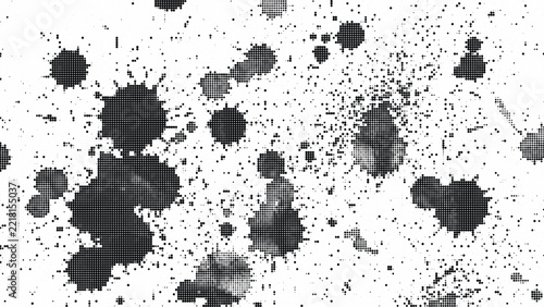 Scattered ink droplets and splatter stains form an expressive grunge texture with detailed halftone dots.