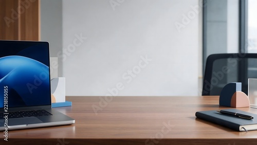 Modern office desk with laptop and notebook for professional business