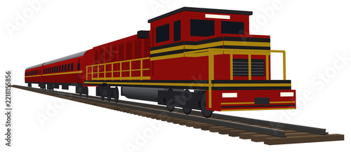 Red diesel locomotive with yellow and black stripes pulling passenger coaches, isolated