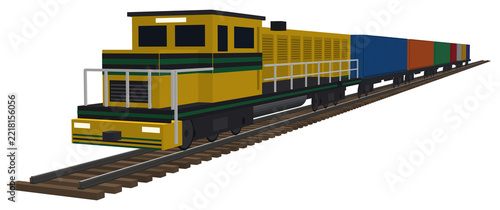 Yellow diesel freight locomotive hauling colorful shipping containers, isolated