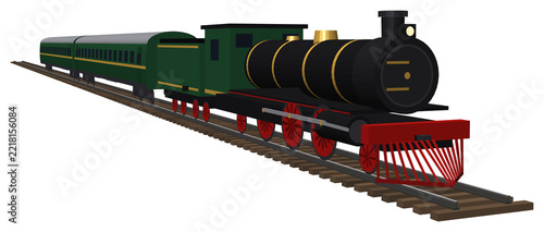 Classic black steam locomotive with tender and green coaches on track, isolated