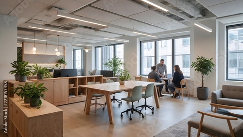Modern open plan office interior with professional team collaborating