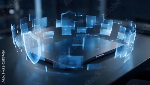 Laptop computer with glowing blue digital security shield icons for