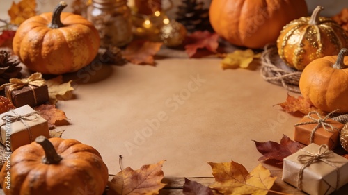 Thanksgiving background with pumpkins and gift boxes on rustic wooden