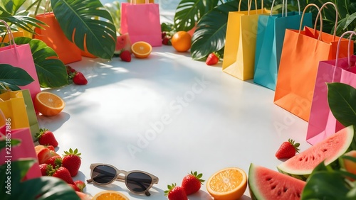 Colorful summer sale background with shopping bags tropical leaves