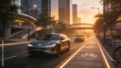 Modern electric car driving on city street at sunset with smart