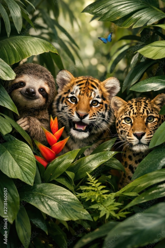 Naklejka premium Jungle friends amidst lush greenery.