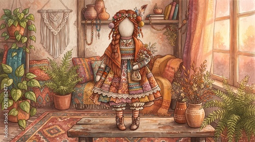 Bohemian Style Doll in a Cozy Room with Plants and Macrame Decor