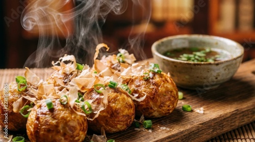 Steaming hot Japanese Takoyaki octopus balls with bonito flakes and green onions, served on a wooden board with dipping sauce, concept of authentic Japanese culinary experience