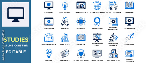  Studies Education Vector Line Icon Set Bundle.