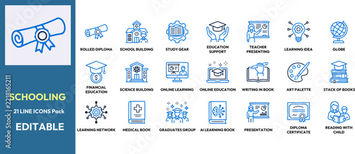 Schooling Education Vector Line Icon Set Bundle.