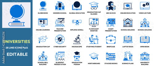  Universities Education Vector Line Icon Set Bundle.
